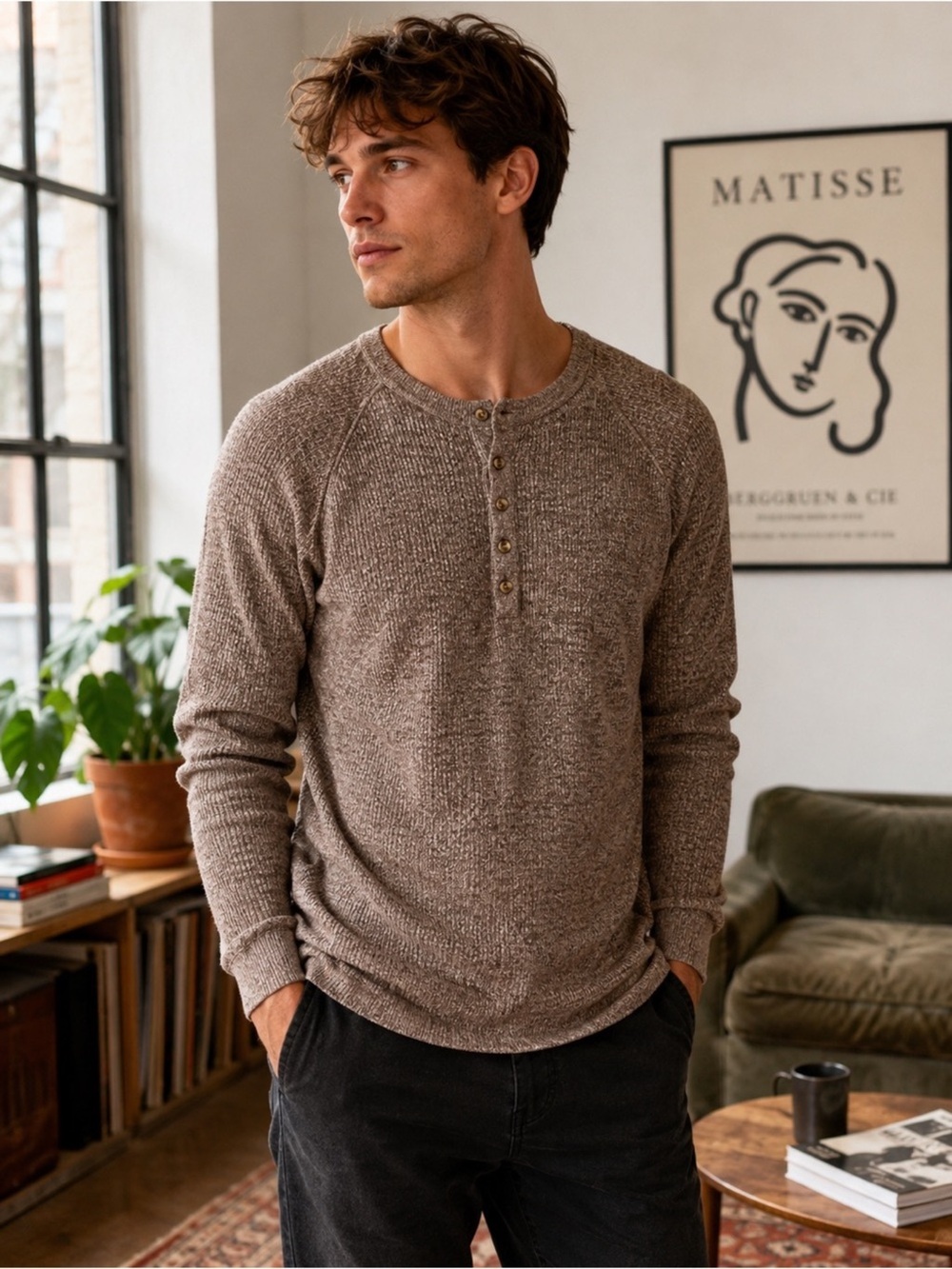 American Eagle Mens Waffle Knit Henley Brown XS